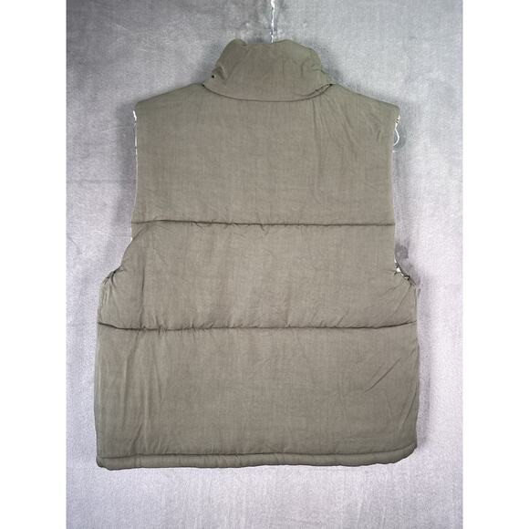 Blank NYC Reversible Puffer Vest Cream Floral Print Olive Green Large Cottage - Picture 5 of 12